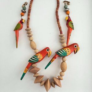 Vintage MSM MOD Beaded Wooden Parrot Necklace and Earrings